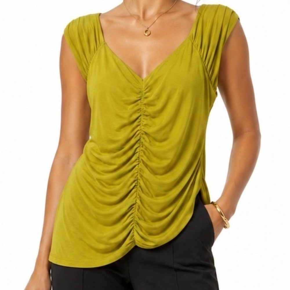White House Black Market Chartreuse Dopamine Green Ruched Surplice Wrap Top M